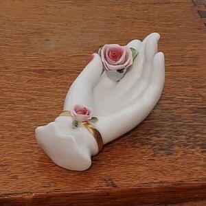 Vintage Lefton China Hand Painted Porcelain Lady Hand Trinket Dish Rose Japan